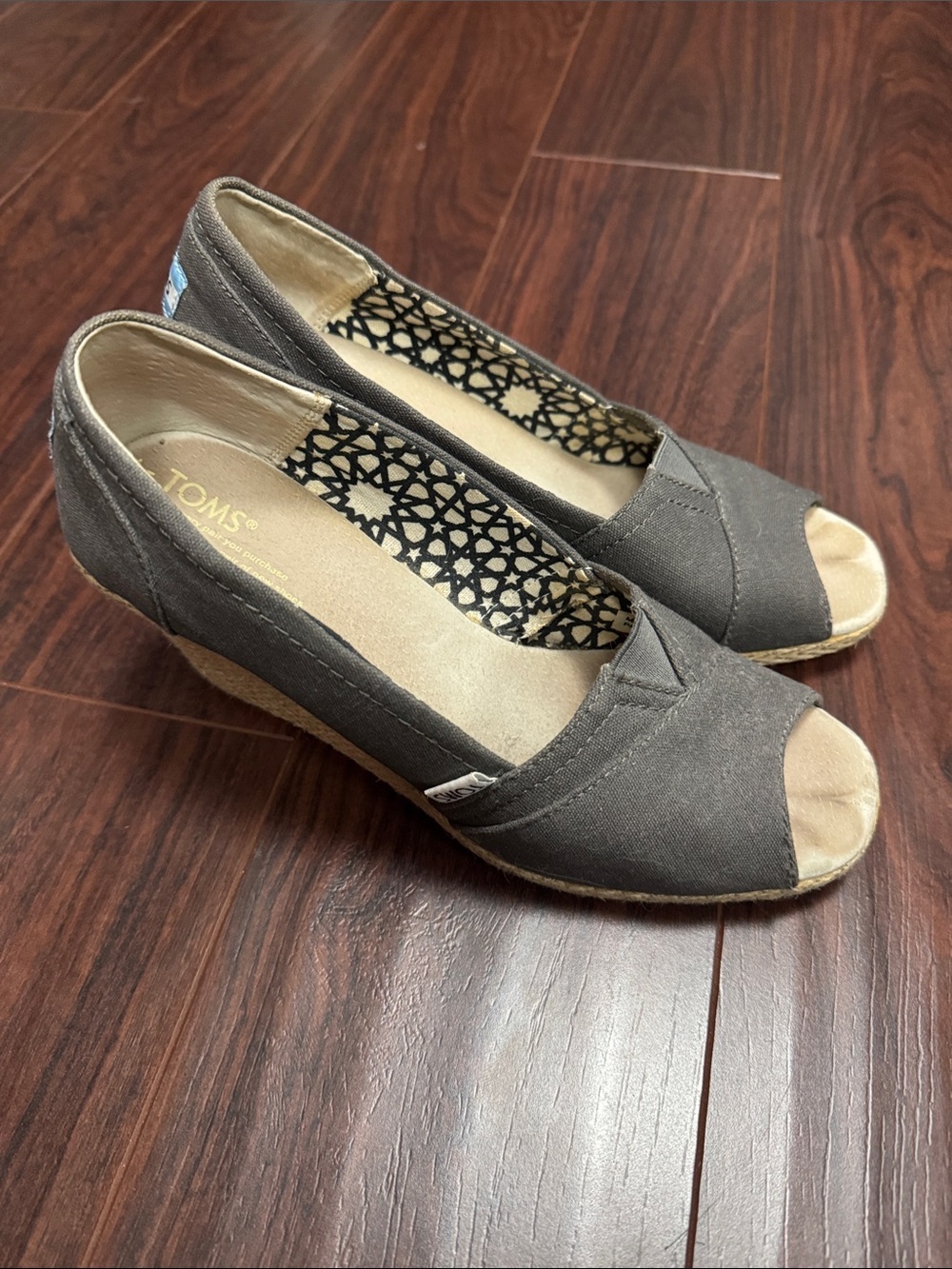 TOMS Gray Canvas Peep-Toe Wedge Heels